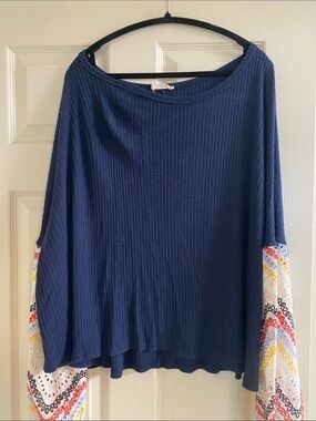 Hummingbird Navy Off-the-Shoulder Waffle Knit Sweater with Embroidered Sleeves